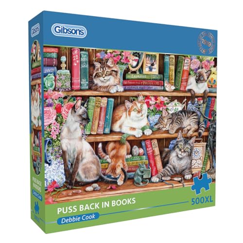 Puss Back in Books | 500XL Teile Katzen und Bücher Puzzle, Tier-Puzzle, extra großes Puzzle, 100 % recyceltes Premium-Puzzle für Erwachsene, tolles Geschenk für Erwachsene, Gibsons Games von Gibsons