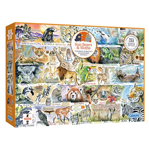 Sonnenbären und Faultiere 1000 Teile Puzzle | Gefährdete Tiere | Nachhaltiges Puzzle für Erwachsene | Premium 100% recyceltes Brett | Gibsons Games von Gibsons