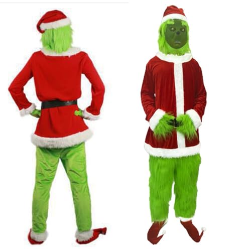 Christmas Costume Set Santa Claus Hat Top Boots Green Hair Monster Mask Gloves Cosplay Costume How Stole Christmas Costume Set - Including Mask Xmas Funny Cosplay Costume von Gienslru