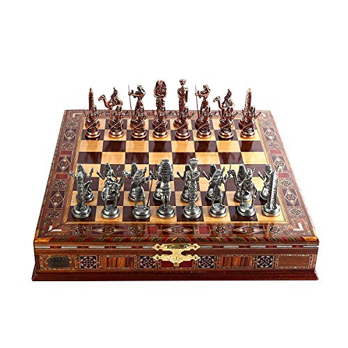 Egypt Pharaoh Antique Copper Figures Metal Chess Set for Adult, Handmade Pieces and Natural Solid Wooden Chess Board with Pearl Design Around Board and Storage Inside King 3.4inc von GiftHome