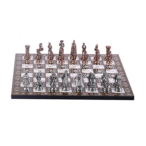 GiftHome Schach aus Kupfer für Erwachsene, mittelalterliche britische Armee, Antikoptik, handgefertigte Stücke und Mosaik-Design, Holz, Schachbrett King 2,75 Inkl. von GiftHome