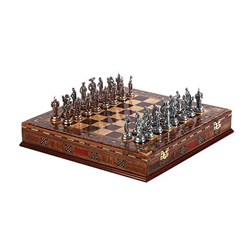 GiftHome Historical Spanish Royal Guards Metal Chess Set for Adult,Handmade Pieces and Natural Solid Wooden Chess Board with Pearl Design Around Board and Storage Inside King 2,65 inc von GiftHome