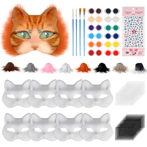 Giftota 8 Stück Katzenmasken zum Bemalen, DIY Papier Maske mit 24 Pigment, 4 Pinsel, Kuns Fell und Eye Mesh, DIY Weiße Maske, Weiße Halbmasken, Therian Mask für Maskerade, Halloween, Cosplay Giftota 8 Stück Katzenmasken zum Bemalen, DIY Papier Maske mit 24 Pigment, 4 Pinsel, Kuns Fell und Eye Mesh, DIY Weiße Maske, Weiße Halbmasken, Therian Mask für Maskerade, Halloween, Cosplay von Giftota