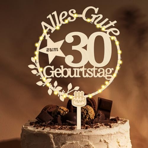 Giftota Cake Topper 30. Geburtstag Holz mit LED Lichterkette - 30. Geburtstag Deko - Tortendeko 30. Geburtstag - Kuchen Deko für 30. Geburtstag Frauen Männer von Giftota