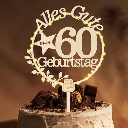 Giftota Cake Topper 60. Geburtstag Holz mit LED Lichterkette - 60. Geburtstag Deko - Tortendeko 60. Geburtstag - Kuchen Deko für 60. Geburtstag Frauen Männer von Giftota