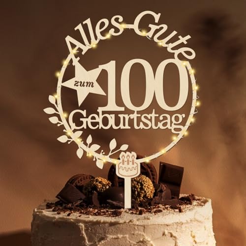 Giftota Cake Topper 100. Geburtstag Holz mit LED Lichterkette - 100. Geburtstag Deko - Tortendeko 100. Geburtstag - Kuchen Deko für 100. Geburtstag Frauen Männer von Giftota