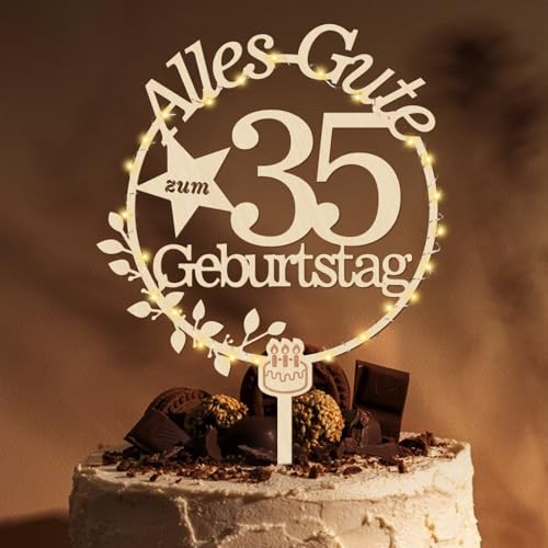 Giftota Cake Topper 35. Geburtstag Holz mit LED Lichterkette - 35. Geburtstag Deko - Tortendeko 35. Geburtstag - Kuchen Deko für 35. Geburtstag Frauen Männer von Giftota