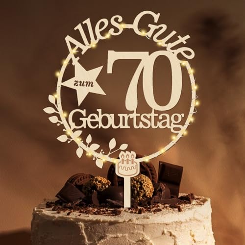 Giftota Cake Topper 70. Geburtstag Holz mit LED Lichterkette - 70. Geburtstag Deko - Tortendeko 70. Geburtstag - Kuchen Deko für 70. Geburtstag Frauen Männer von Giftota