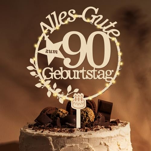 Giftota Cake Topper 90. Geburtstag Holz mit LED Lichterkette - 90. Geburtstag Deko - Tortendeko 90. Geburtstag - Kuchen Deko für 90. Geburtstag Frauen Männer von Giftota