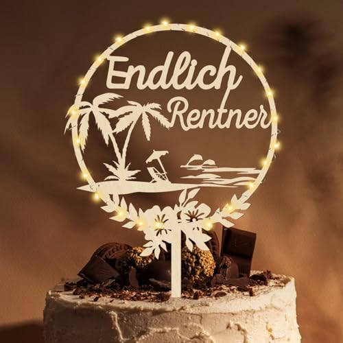 Giftota Cake Topper Endlich Rentner aus Holz mit LED Lichterkette - Tortendeko für Rentner - Rente, Ruhestand Deko von Giftota