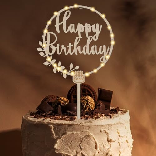 Giftota Cake Topper Happy Birthday aus Holz mit LED Lichterkette - Tortendeko Geburtstag, Kuchen Deko für Mädchen Jungen Frauen Männer - Größe 18 x 27 cm von Giftota