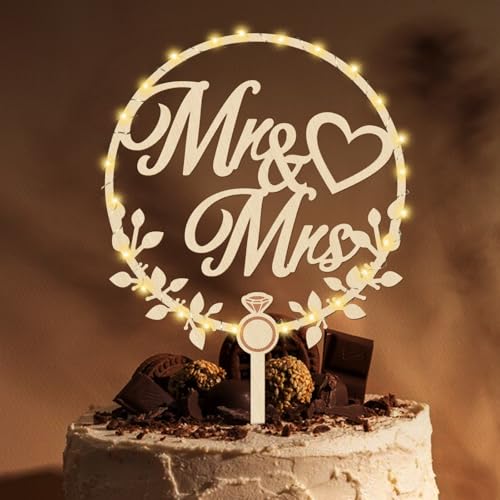 Giftota Cake Topper Hochzeit Holz mit LED Lichterkette - Tortendeko Hochzeit "Mr und Mrs" - Hochzeitstorte Deko - Hochzeit Deko von Giftota