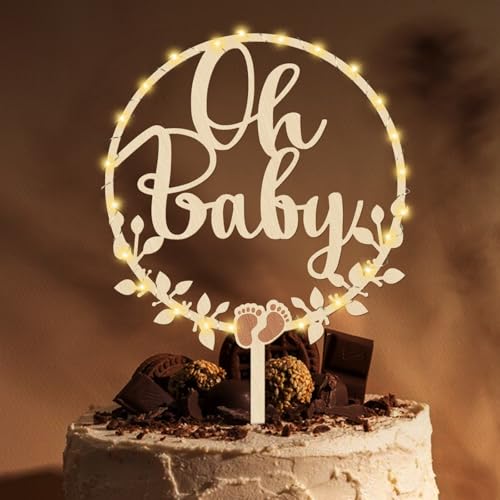 Giftota Oh Baby Cake Topper Holz mit LED Lichterkette - Oh Baby Tortendeko - Kuchenstecker für Babyparty Baby Shower Deko, Gender Reveal Partydeko von Giftota