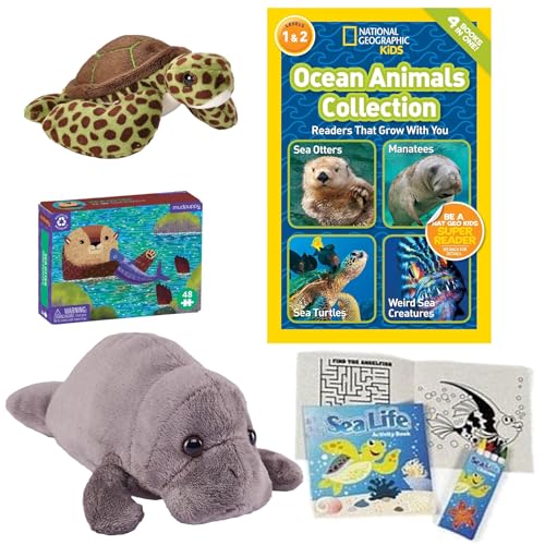 Meerestier-Pädagogisches Geschenkset mit National Geographic Readers Ocean Animals Book (4 Geschichten), Seekuh Plüsch, Meeresschildkröte Stofftier, Mini Meeresotter Puzzle, Meereskreatur von Gifts by We 3 Books