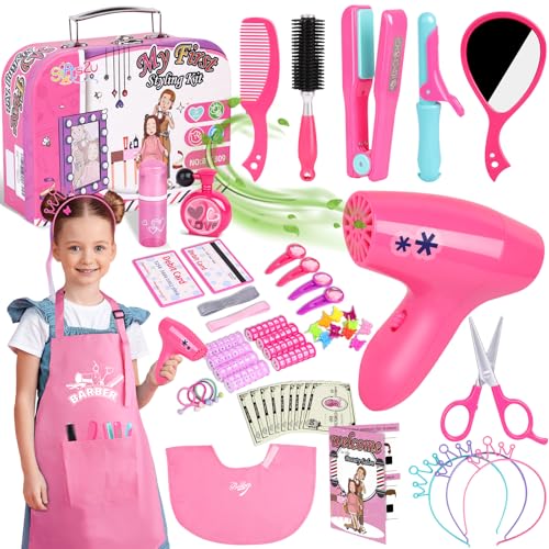 Friseurset Spielzeug Kinder,Gifts2U Friseur Set Schönheitssalon Set mit Spielzeug Haartrockner Haarglätter Kamm Spiegel Schürze Haarstyling Zubehör Kinderschminke Rollenspiel für Mädchen ab 3-8 Jahre von Gifts2U