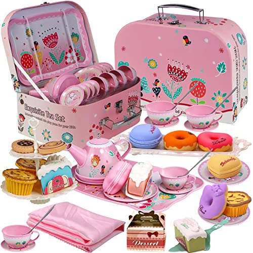 Gifts2U Teeservice Kinder 41PCS Tee Set inkl Zinn Teekanne,Dessert Spielzeug,Kekse,Donut,Kuchen,Tischdecke und Tragetasche,Küchenspiel für Kinder ab 3 4 5 6 Jahren von Gifts2U