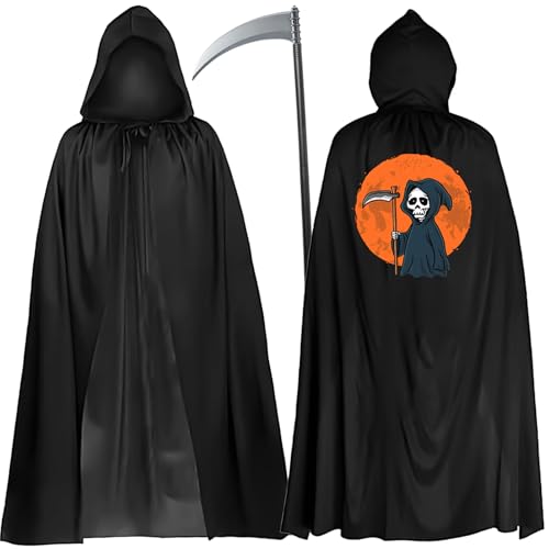 Giggleye Halloween Kostüm set, 140cm Schwarzer Umhang mit Sensenmann Muster und 105cm Todessense, Herren Damen Halloween Umhang mit kapuze, Sensenmann Kostüm, Vampir Umhang, Halloween Cosplay von Giggleye