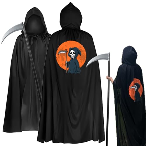 Giggleye Halloween Kostüm set, 140cm Schwarzer Umhang mit Sensenmann Muster und 105cm Todessense, Herren Damen Halloween Umhang mit kapuze, Sensenmann Kostüm, Vampir Umhang, Halloween Cosplay von Giggleye