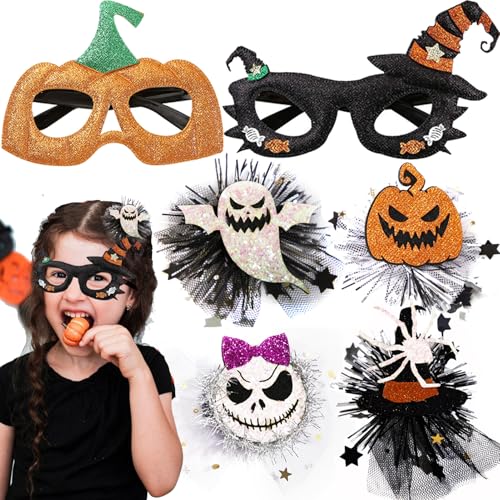 Halloween Accessoires Set für kinder, 4 Stück Halloween Haarspangen, 2 Stück Halloween Deko Partybrille, Kürbis Hexe Geist Spinnen Foto Requisiten, Halloween Kostüm Accessoires für Halloween Party von Giggleye