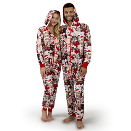 Giggling Getup Damen-Pyjama mit süßem Katzenmuster, Weihnachts-Kapuzenpyjama, Weihnachts-Pyjama-Outfits für Erwachsene mit Taschen, Reißverschluss-L von Giggling Getup