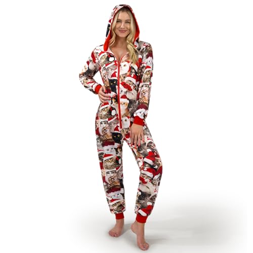 Giggling Getup Damen-Pyjama mit süßem Katzenmuster, Weihnachts-Kapuzenpyjama, Weihnachts-Pyjama-Outfits für Erwachsene mit Taschen, Reißverschluss-L von Giggling Getup