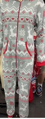 Giggling Getup Grauer Weihnachtspyjama für Erwachsene und Herren mit Kapuze, Weihnachtspyjama mit lockerem nordischem Druckmuster für Urlaubspyjamas, Jumpsuits-XL von Giggling Getup