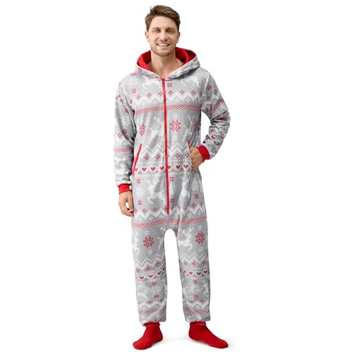 Giggling Getup Grauer Weihnachtspyjama für Erwachsene und Herren mit Kapuze, lockeres nordisches Druckmuster, Weihnachtspyjama für Urlaubspyjamas, Overalls, S von Giggling Getup