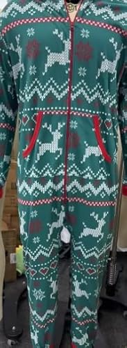 Giggling Getup Grüner Weihnachtspyjama für Erwachsene und Herren mit Kapuze, Weihnachtspyjama mit lockerem nordischem Druckmuster für Urlaubspyjamas, Jumpsuits-XL von Giggling Getup