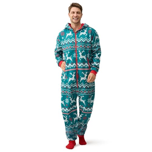 Giggling Getup Grüner Weihnachtspyjama für Erwachsene und Herren mit Kapuze, lockeres nordisches Druckmuster, Weihnachtspyjama für Urlaubspyjamas, Overalls, M von Giggling Getup