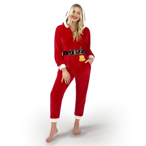 Giggling Getup Schlankes Pyjama-Outfit mit Weihnachtsmann-Kapuze für Damen, einteiliger roter Weihnachtspyjama für Erwachsene, Pyjama mit Reißverschluss vorne aus Polarfleece-M von Giggling Getup