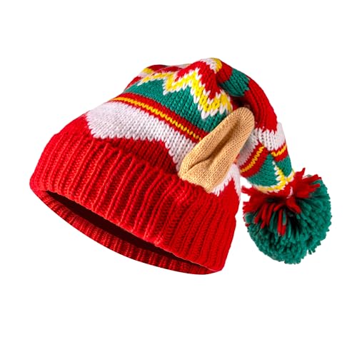 Giggling Getup Strick-Weihnachtsmütze für Erwachsene, Beanie-Mütze mit Bommeln, gestrickte Weihnachtsmannmütze mit roten und grünen Streifen für Erwachsene, Damen, Herrenmütze von Giggling Getup