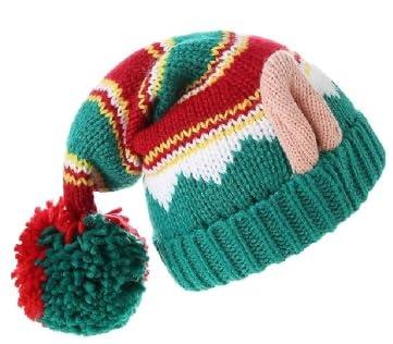 Giggling Getup Warme Strick-Weihnachtsmütze für Kinder, Beanie-Mütze mit Bommeln, gestrickte Weihnachtsmannmütze mit roten und grünen Streifen für Jungen, Mädchenmütze für Weihnachtsgeschenke von Giggling Getup