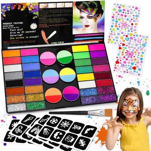 Gigmeta Kinderschminke Set - 44 Gesichtsfarben Kinderschminken Set inkl. professionellen Pinsel, 4 Schablonen, 2 Diamant-Sticker - Ideal für Halloween, Theater & Bodypainting Gigmeta Kinderschminke Set - 44 Gesichtsfarben Kinderschminken Set inkl. professionellen Pinsel, 4 Schablonen, 2 Diamant-Sticker - Ideal für Halloween, Theater & Bodypainting von Gigmeta