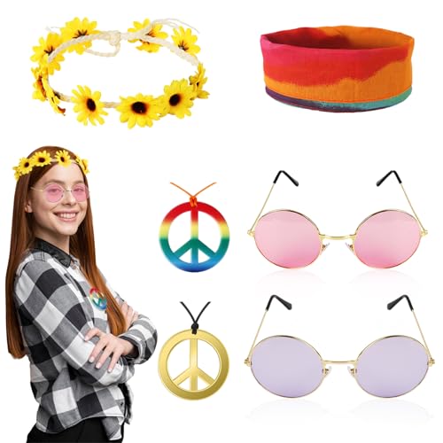 60er 70er Hippie Accessoires Damen Herren- 6PC Hippie Kostüm Accessoires- 60s 70s Faschings Hippie Zubehör- Vintage Kleidung Disco Hippie Stirnband Flower Power Haarschmuck Sonnenbrille Peace Kette von Gigquake