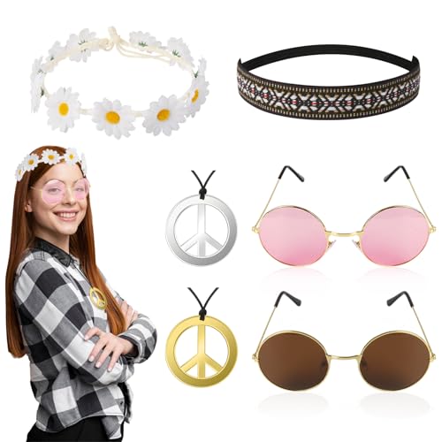 60er 70er Hippie Accessoires Damen Herren- 6PC Hippie Kostüm Accessoires- 60s 70s Faschings Hippie Zubehör- Vintage Kleidung Disco Hippie Stirnband Flower Power Haarschmuck Sonnenbrille Peace Kette von Gigquake