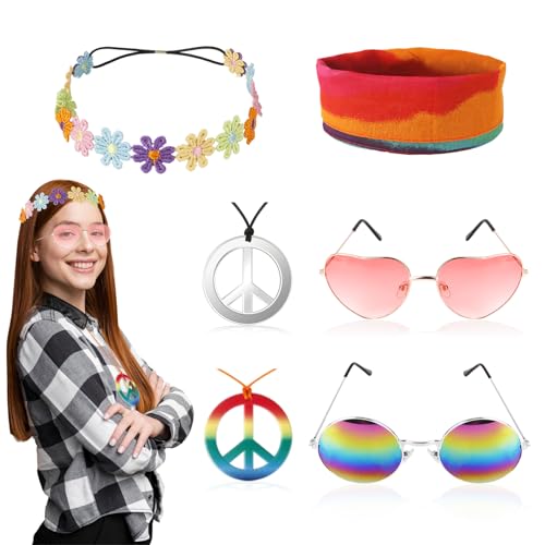 60er 70er Hippie Accessoires Damen Herren- 6PC Hippie Kostüm Accessoires- 60s 70s Faschings Hippie Zubehör- Vintage Kleidung Disco Hippie Stirnband Flower Power Haarschmuck Sonnenbrille Peace Kette von Gigquake