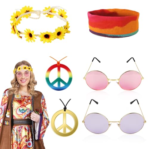 60er 70er Hippie Accessoires Damen Herren- 8PC Hippie Kostüm Accessoires- Faschings Hippie Zubehör- Retro Kleidung Disco Hippy Stirnband Ohrringe Flower Power Haarschmuck Sonnenbrille Peace Kette von Gigquake