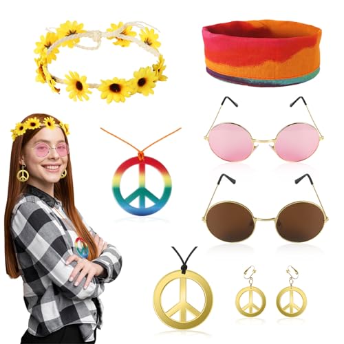 60er 70er Hippie Accessoires Damen Herren- 8PC Hippie Kostüm Accessoires- Faschings Hippie Zubehör- Retro Kleidung Disco Hippy Stirnband Ohrringe Flower Power Haarschmuck Sonnenbrille Peace Kette von Gigquake