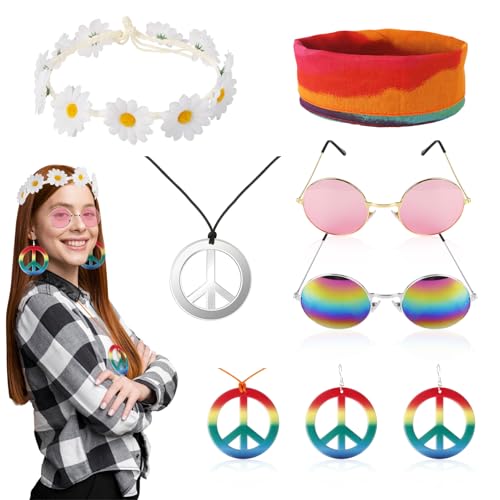 60er 70er Hippie Accessoires Damen Herren- 8PC Hippie Kostüm Accessoires- Faschings Hippie Zubehör- Retro Kleidung Disco Hippy Stirnband Ohrringe Flower Power Haarschmuck Sonnenbrille Peace Kette von Gigquake