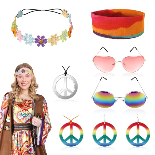 60er 70er Hippie Accessoires Damen Herren- 8PC Hippie Kostüm Accessoires- Faschings Hippie Zubehör- Retro Kleidung Disco Hippy Stirnband Ohrringe Flower Power Haarschmuck Sonnenbrille Peace Kette von Gigquake