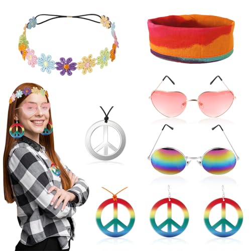 60er 70er Hippie Accessoires Damen Herren- 8PC Hippie Kostüm Accessoires- Faschings Hippie Zubehör- Retro Kleidung Disco Hippy Stirnband Ohrringe Flower Power Haarschmuck Sonnenbrille Peace Kette von Gigquake