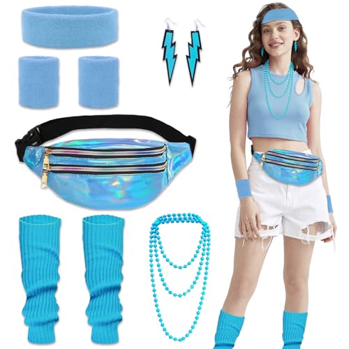 80er Jahre Outfit Damen- Disco 80er 90er Jahre Accessoires mit Bauchtasche Stirnband Beinwärmer Armbänder Halskette Ohrring 80s 90s Kleidung Retro Trainingsanzug Karneval Fasching Mottoparty Kostüm von Gigquake