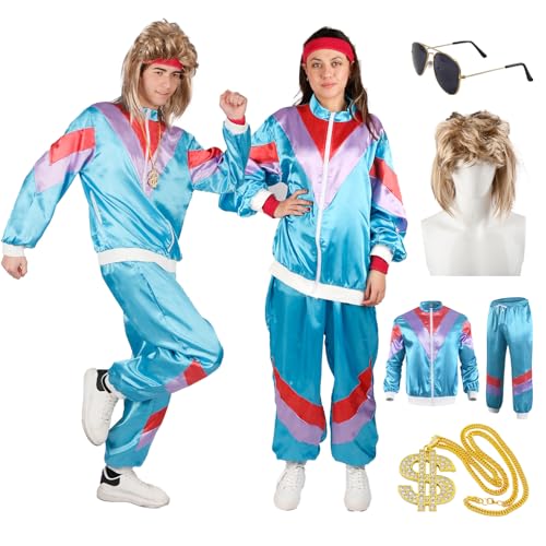 90er 80er Jahre Outfit Herren mit Vokuhila Perücke- 5PCS Retro Gymnastikanzug Disco Männer Frauen- 80er Accessoires Damen- 90er Jogginganzug Ski Bad Taste Partner Jacke Hose Karneval Mottoparty von Gigquake