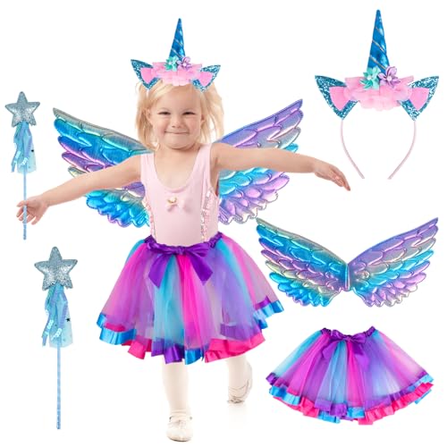 Einhorn Kostüm Kinder- 4 Stück Regenbogen Tier Kostüm Einhorn Cosplay Set- Unicorn Kleid Mädchen Zubehör mit Haarreif Einhorn Flügel Zauberstab Tüll Tutu Rock for Karneval Party Fasching Kostüm von Gigquake