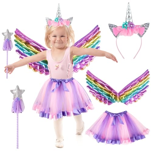 Einhorn Kostüm Kinder- 4 Stück Regenbogen Tier Kostüm Einhorn Cosplay Set- Unicorn Kleid Mädchen Zubehör mit Haarreif Einhorn Flügel Zauberstab Tüll Tutu Rock for Karneval Party Fasching Kostüm von Gigquake