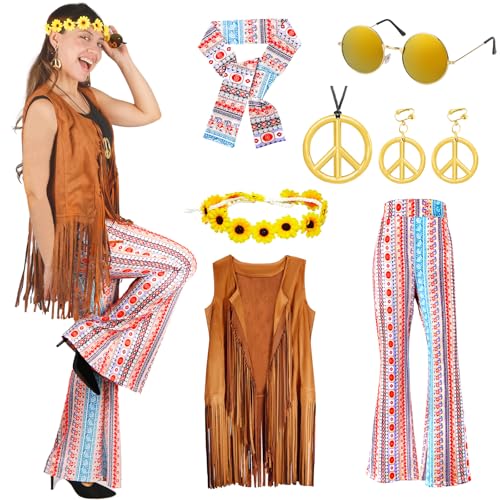 Hippie Kostüm Damen Retro Set- 60er 70er Hippie Accessoires Bekleidung Damen Fransenweste Schlaghose Damen Disco Outfit Hippie Kleidung Frau Brille Halskette Faschingskostüm Gestreifte Karneval Party von Gigquake