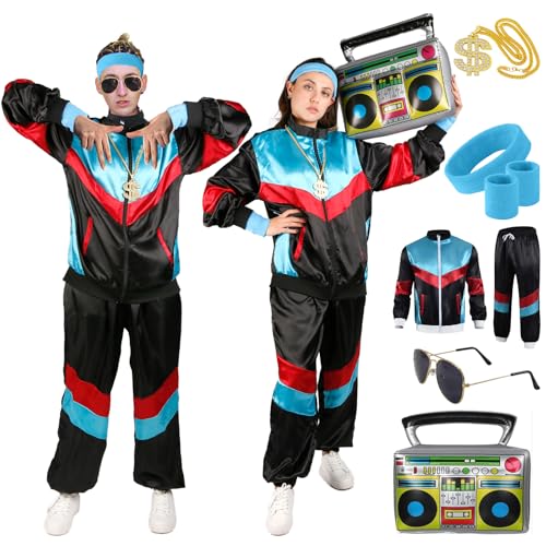 80er 90er Jahre Outfit Herren Damen- Retro Jogginganzug Party Kostüm 90er Jahre Accessoires Trainingsanzug Bad Taste Jacke Hose Anzug Disco Kleidung für 80s 90s Mottoparty Schlagerparty Karneval von Gigquake