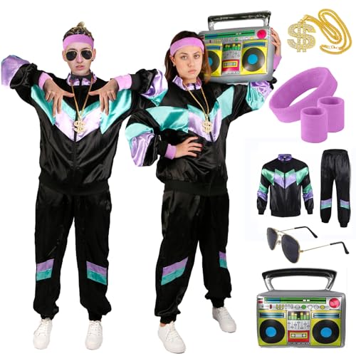 80er 90er Jahre Outfit Herren Damen- Retro Jogginganzug Party Kostüm 90er Jahre Accessoires Trainingsanzug Bad Taste Jacke Hose Anzug Disco Kleidung für 80s 90s Mottoparty Schlagerparty Karneval von Gigquake