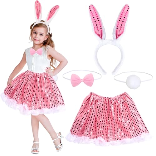 Gigquake Hasenkostüm kinder Set- Hase Kostüm Mädchen- Hasen Verkleidung Zubehör mit Hase Tutu Rock Schwanz Fliege Hasenohren Haarreif- Karneval Fasching Cosplay Tierkleid Kaninchen Kostüm Mottoparty von Gigquake