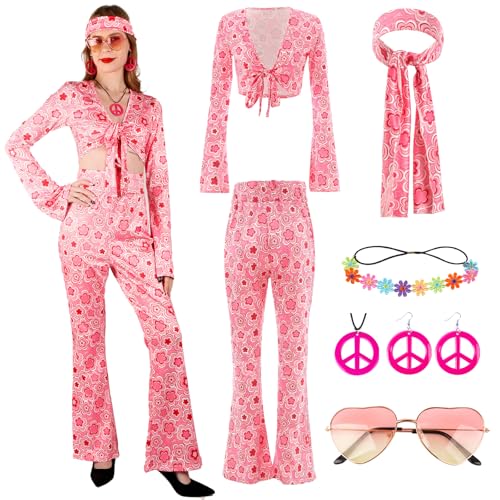 Gigquake Hippie Kostüm Damen Set, Hippie Kleidung Zubehör 60er 70er Jahre Outfit Frau Faschingskostüme Hippie Bekleidung Oberteil Accessoires, 70er Schlaghose für Karneval Mottoparty Disco Cosplay von Gigquake